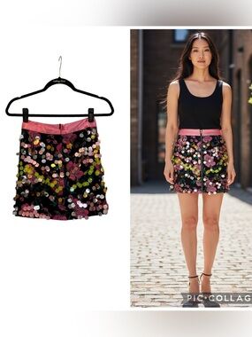 Muse Black Multi Floral Embroidered Sequin Mesh Mini Skirt Size S